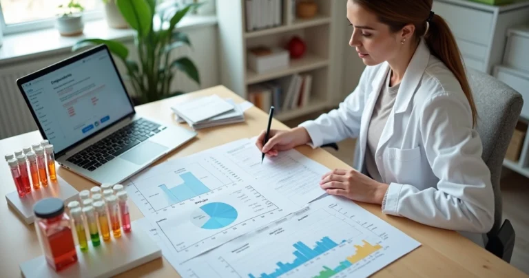 Nutricionista analisando gráficos hormonais em mesa cercada por formulários e tubos de exame