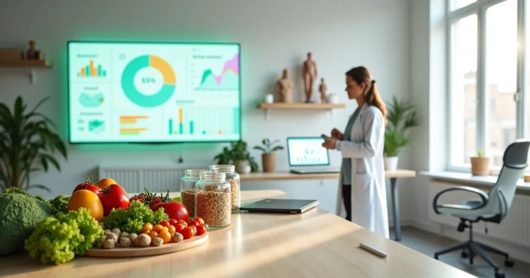 Nutricionista em consultório moderno com painel digital e alimentos saudáveis na bancada