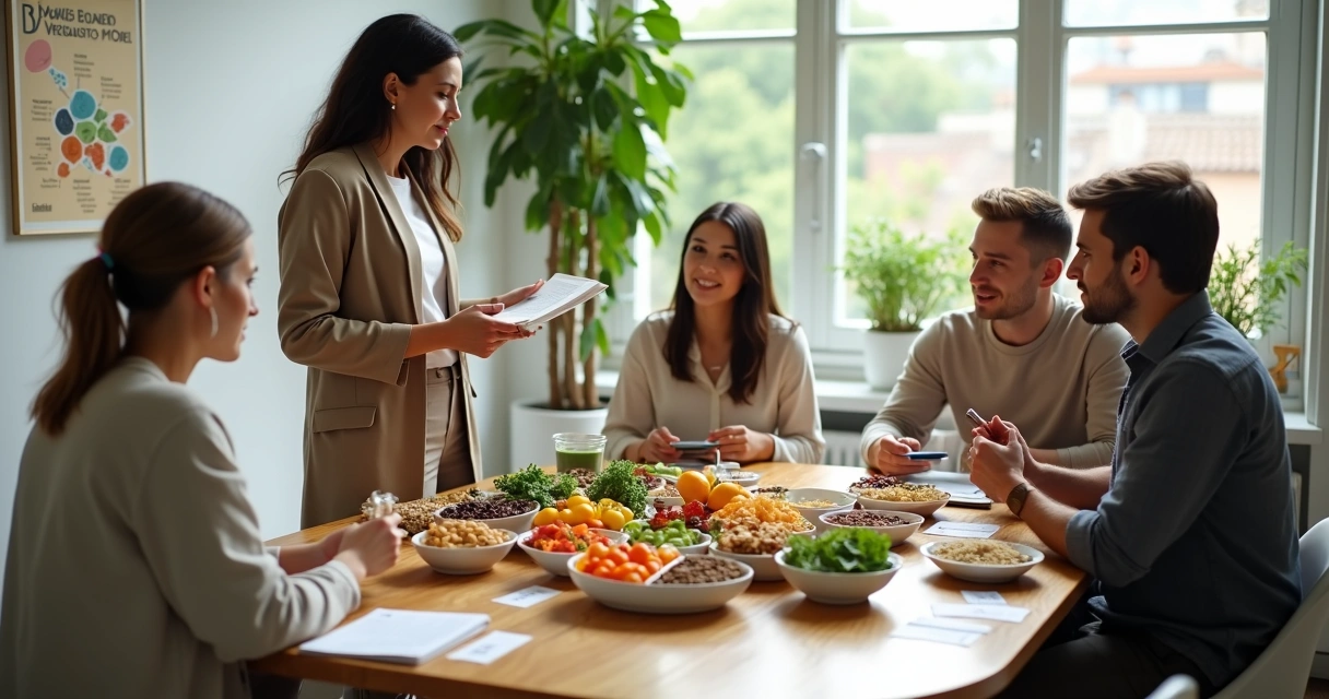Nutricionista orienta grupo de pacientes veganos e vegetarianos ao redor de mesa com vegetais coloridos