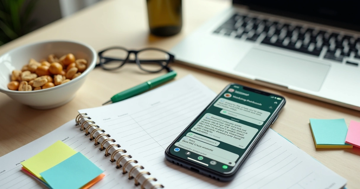 Nutricionista digitando respostas a pacientes no WhatsApp em ambiente moderno e organizado