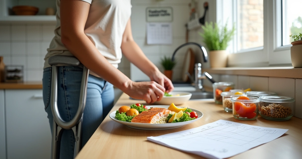 Paciente com joelho imobilizado preparando refeição saudável em casa