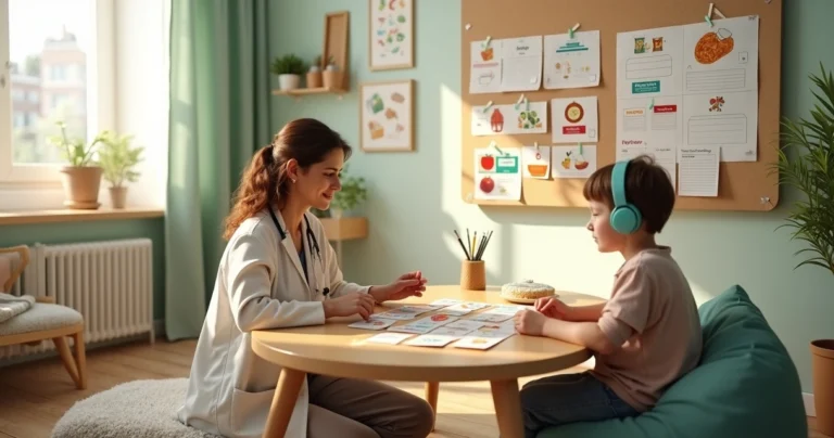 Nutricionista organiza quadro visual de alimentação em consultório adaptado para criança com TEA