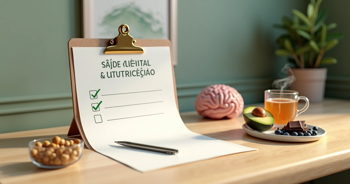 Prancheta com checklist nutricional ao lado de cérebro ilustrado e alimentos integrais coloridos