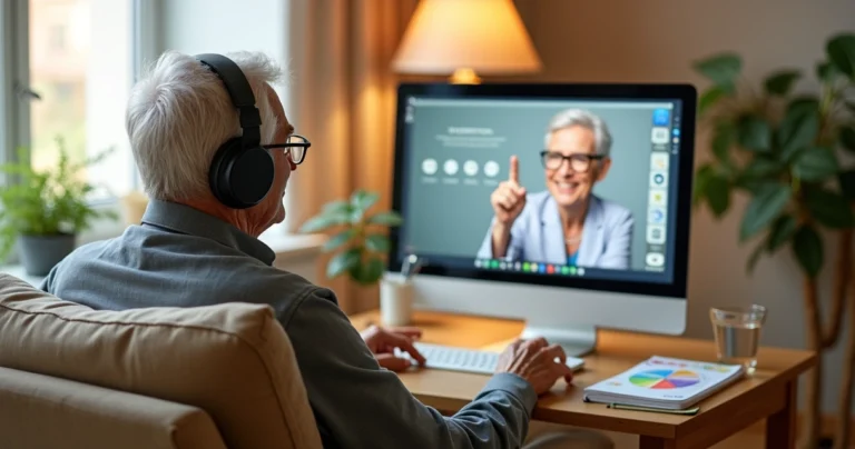 Nutricionista em videoconferência com pessoa idosa usando computador em sala iluminada