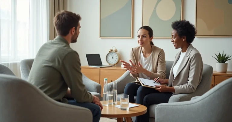 Nutricionista adulto acolhendo paciente em roda de conversa num espaço neutro e tranquilo