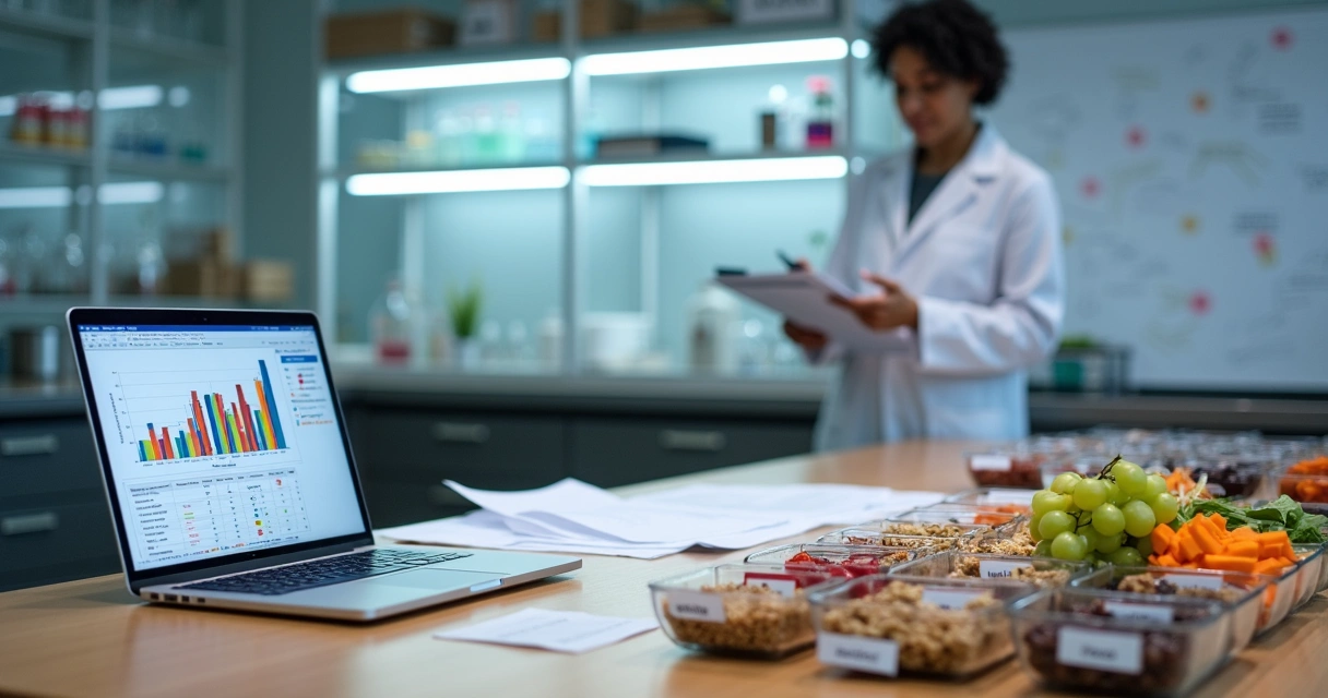 Cientista analisa gráficos científicos de nutrição com alimentos e anotações na bancada