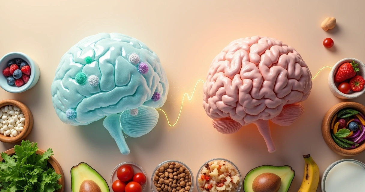 Conexão visual entre intestino ilustrado, cérebro e diversos alimentos coloridos sobre fundo claro