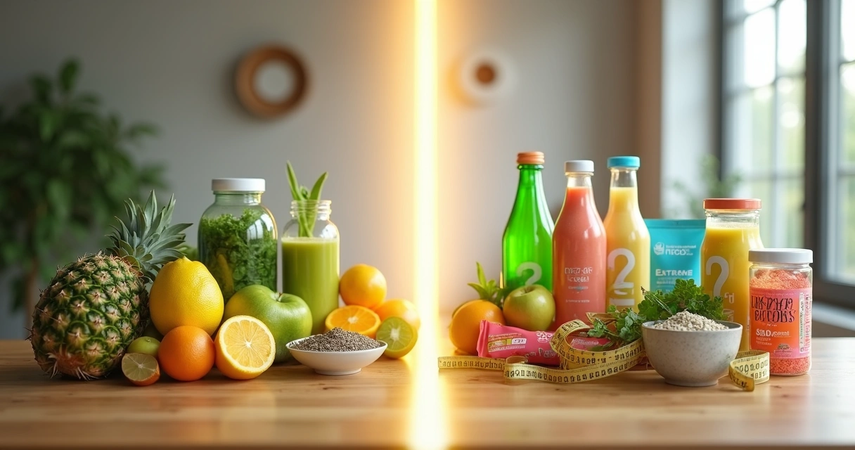 Mesa com sucos verdes e ultraprocessados separados por uma linha central
