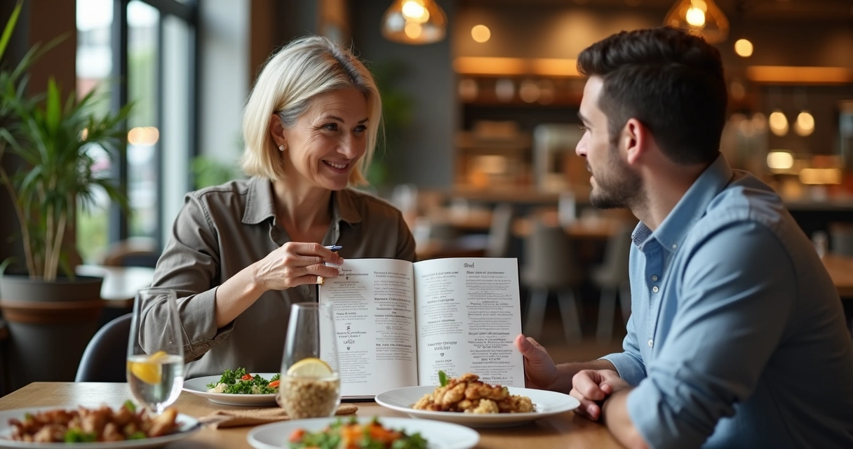 Nutricionista e paciente analisam cardápio em restaurante focando em opções saudáveis