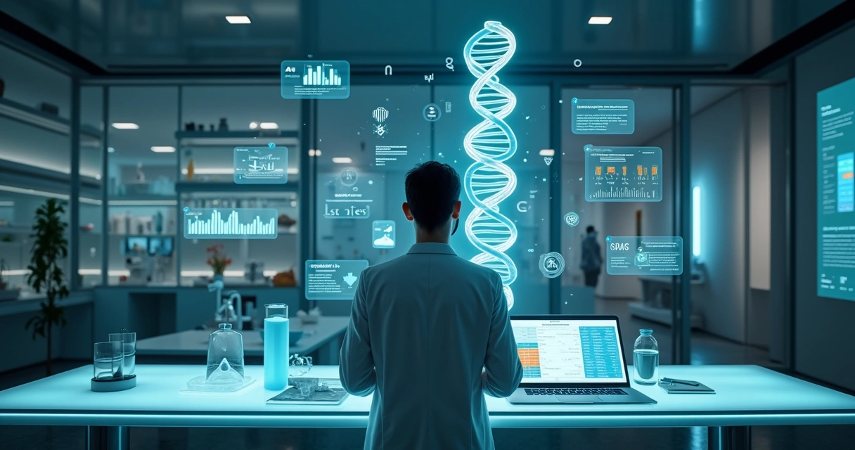 Nutricionista observando dupla hélice de DNA projetada em laboratório digital futurista