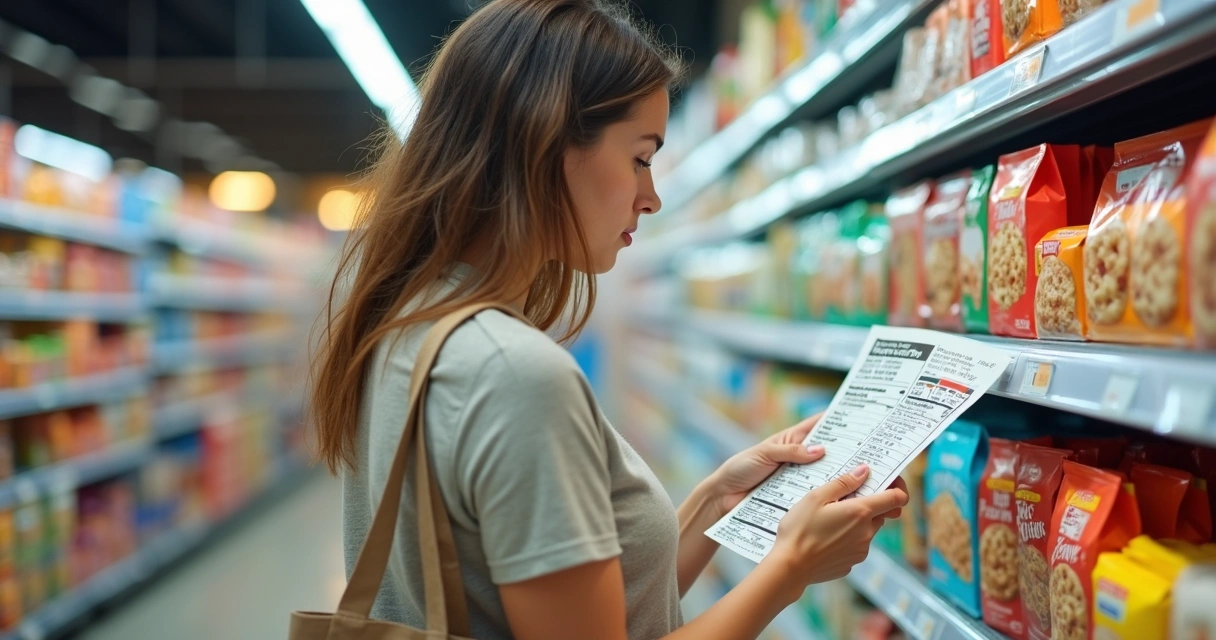 Mulher analisando rótulo nutricional no corredor do supermercado