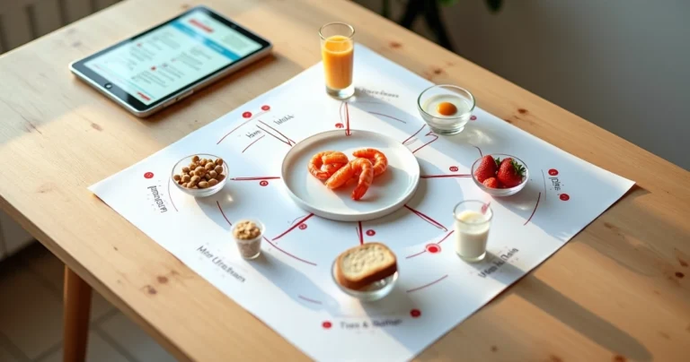 Mesa com ícones de alimentos ligados por trilhas destacando alergias alimentares