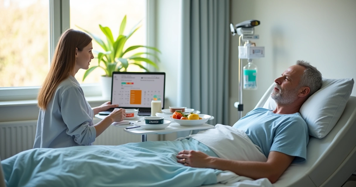 Nutricionista organiza atendimento nutricional ao lado de paciente acamado em quarto iluminado