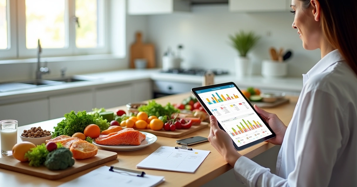 Nutricionista analisa tablet com gráficos de micronutrientes ao lado de bancada com alimentos coloridos