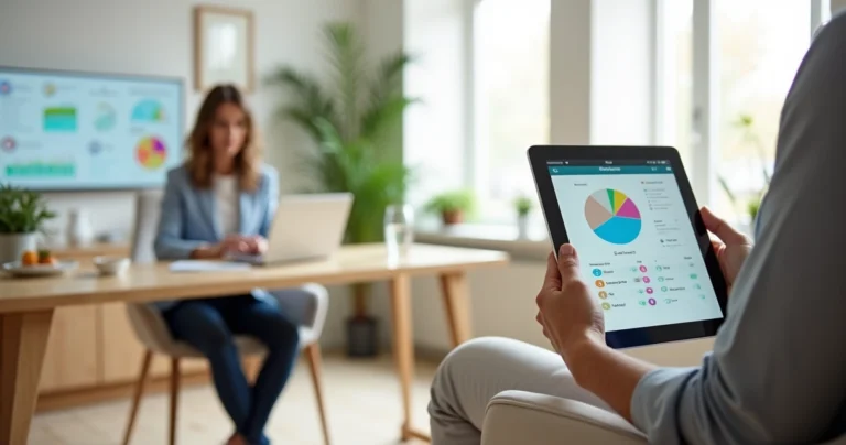 Sala de nutrição moderna com paciente avaliando atendimento em tablet
