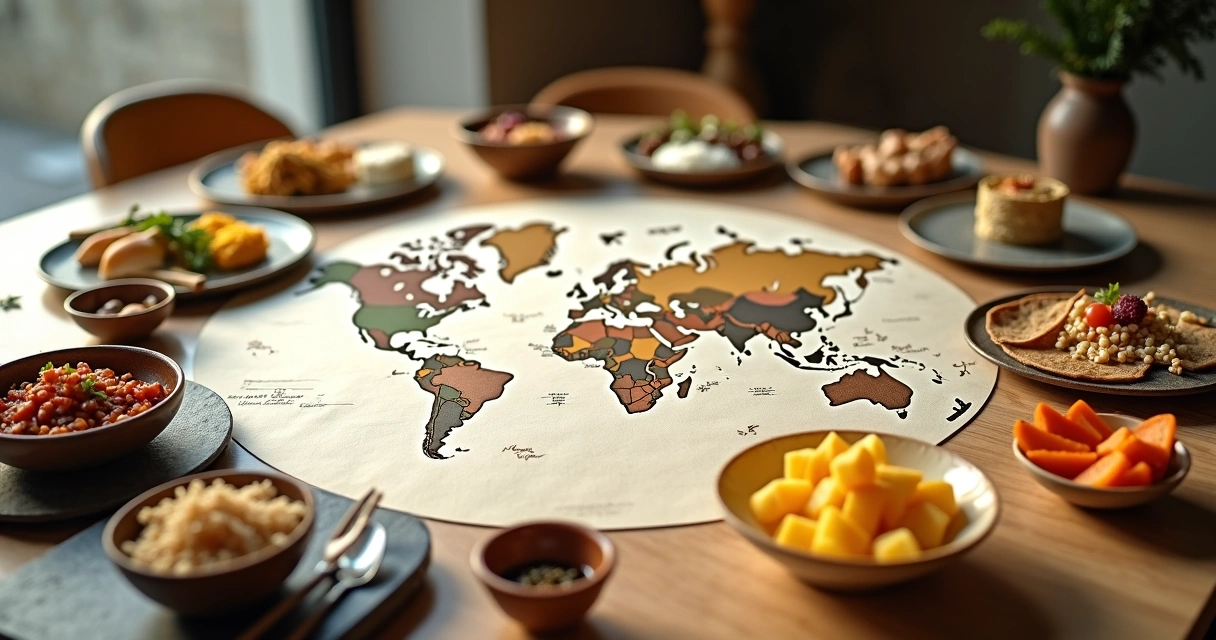 Mesa com mapa cultural e variados alimentos tradicionais ao redor