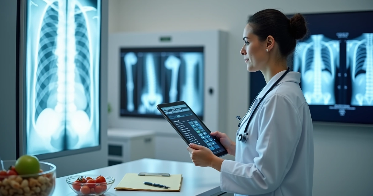 Nutricionista analisa exame de raio X ao lado de imagens radiológicas em tela digital