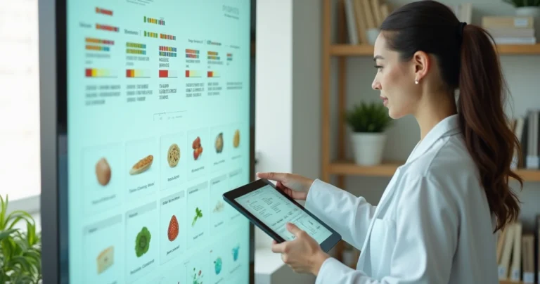 Nutricionista compara laudo genético a tabela de alimentos em tela digital
