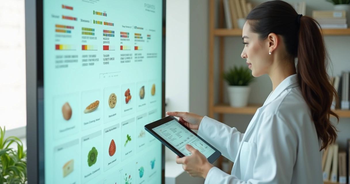 Nutricionista compara laudo genético a tabela de alimentos em tela digital