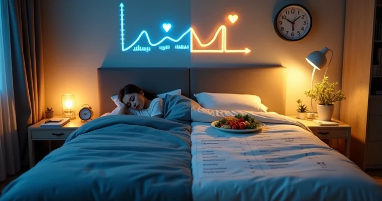 Quarto meio escuro dividido entre sono profundo e refeição saudável organizada