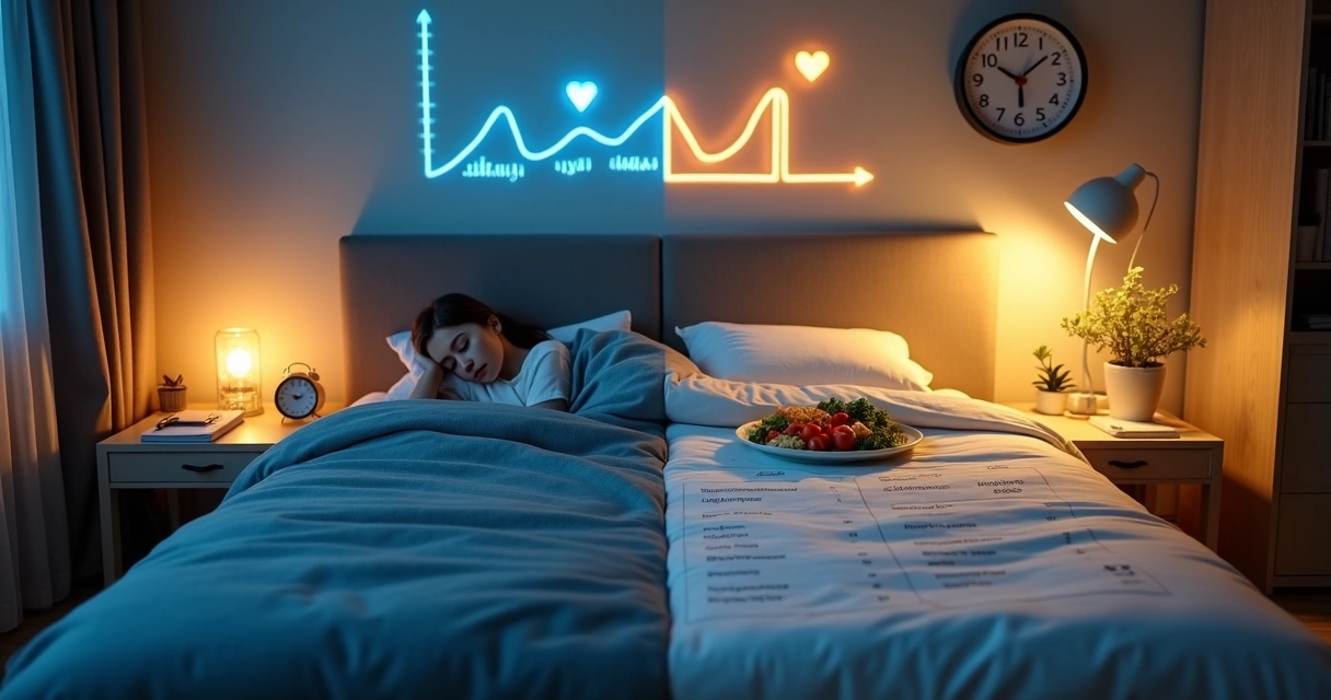 Quarto meio escuro dividido entre sono profundo e refeição saudável organizada
