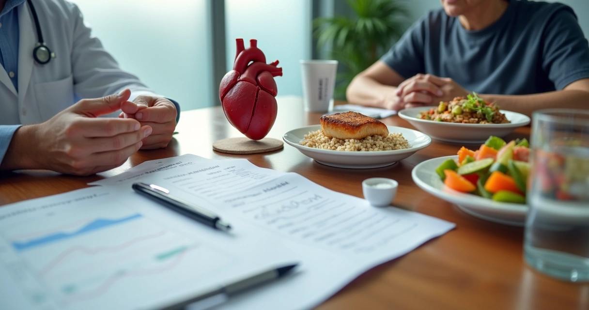 Coração em mesa de consulta ao lado de alimentos e ficha nutricional