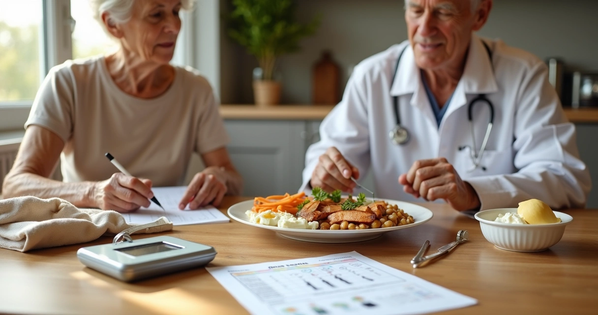 Nutricionista analisando caderneta alimentar ao lado de idoso com prato rico em proteínas