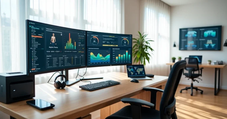 Estação de trabalho de nutrição em consultório moderno com vários monitores e equipamentos integrados