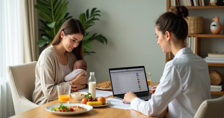 Nutricionista monta plano alimentar ao lado de lactante amamentando em ambiente doméstico acolhedor