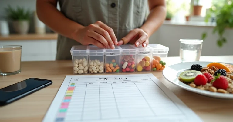 Paciente organiza suplementos em caixa semanal ao lado de refeição equilibrada