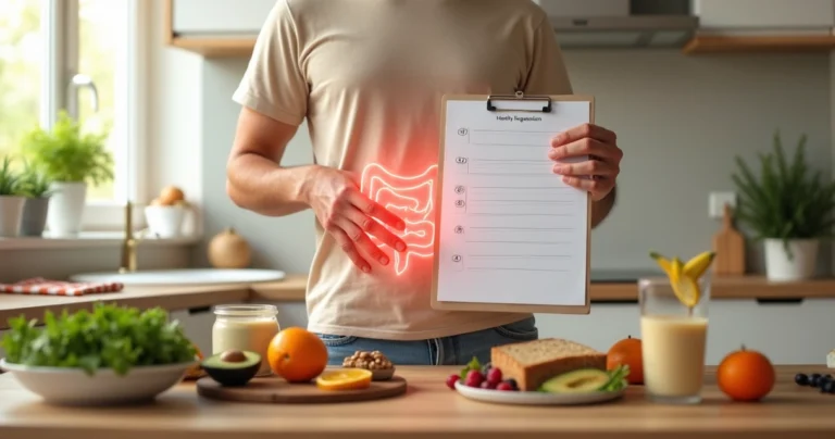 Adulto segurando ilustração do intestino diante de bancada com alimentos ricos em fibras