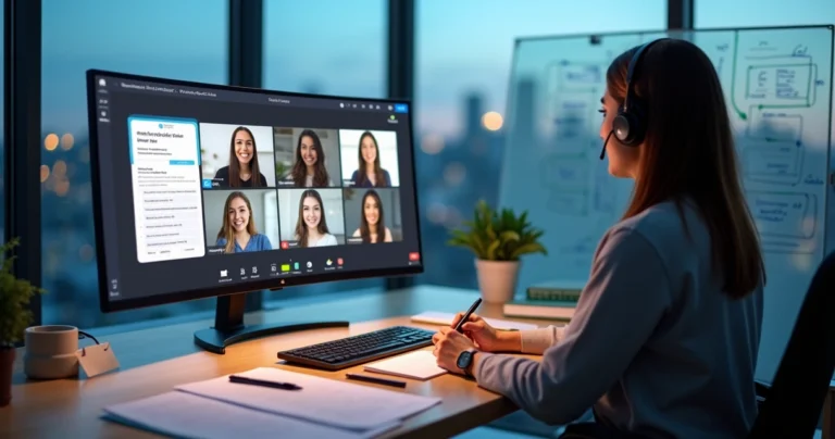 Tutora de nutrição orienta grupo online de estagiários analisando prontuários clínicos na tela