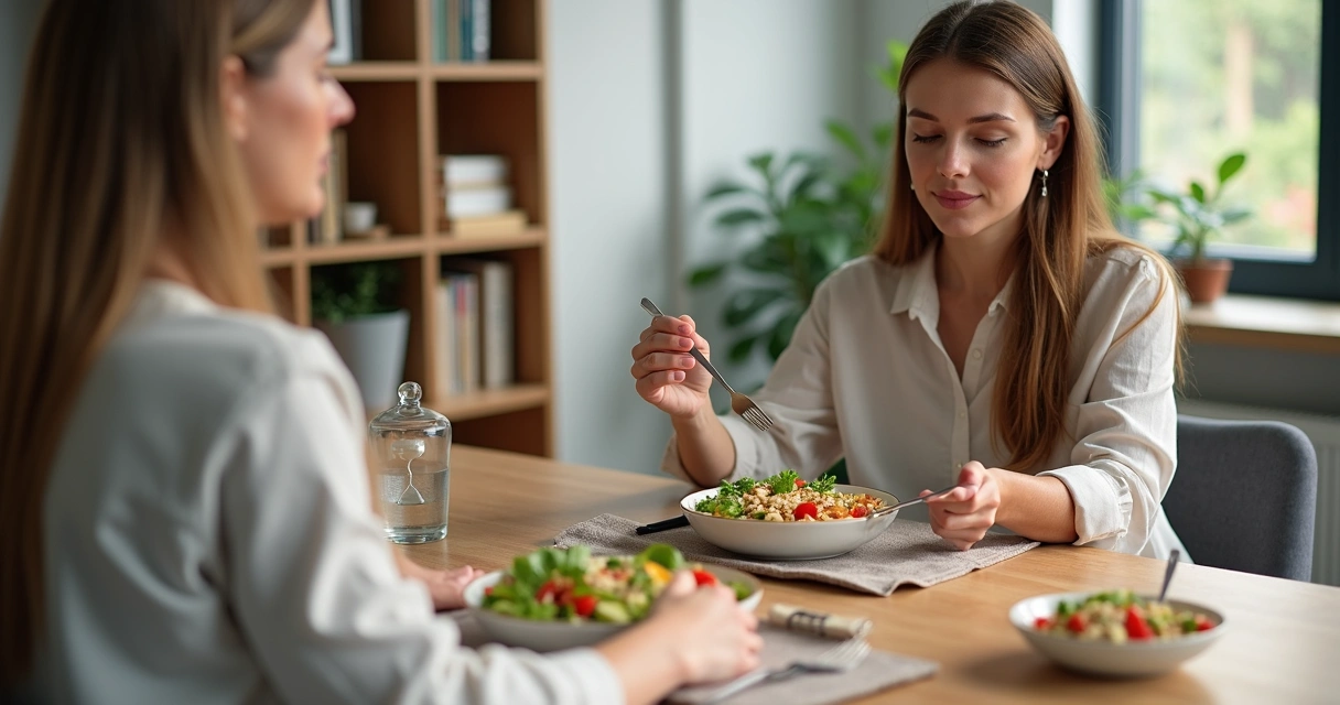 Nutricionista conduz paciente em exercício de atenção plena com refeição em consultório moderno