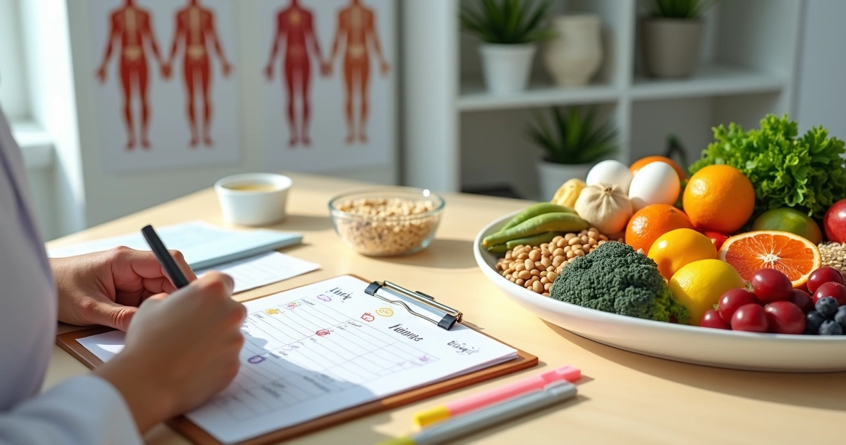 Nutricionista marcando checklist de prevenção de deficiências ao lado de bancada com alimentos variados