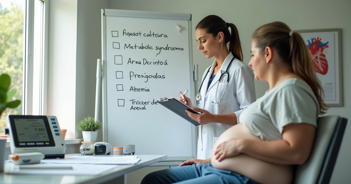 Nutricionista marca checklist de síndrome metabólica em consulta com paciente obeso sentado