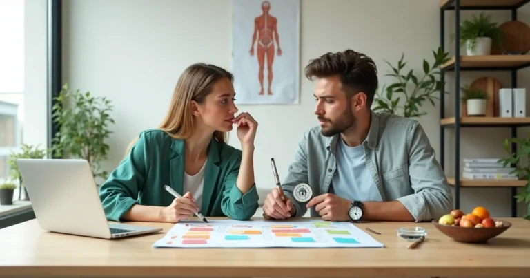 Nutricionista orienta adulto com TDAH usando quadro visual colorido na consulta