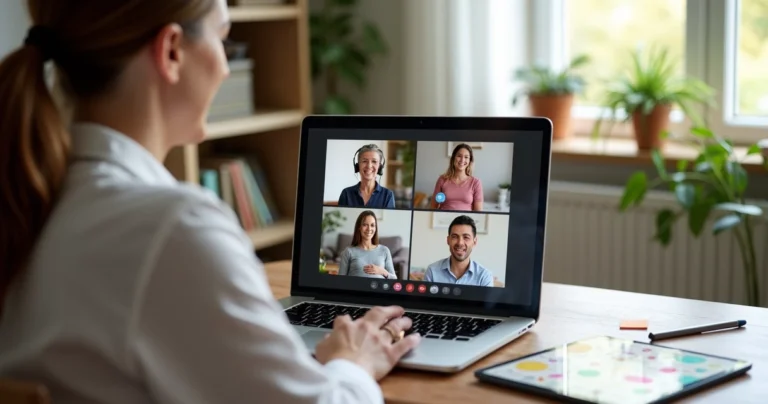 Nutricionista conduz consulta virtual com grupo de pacientes de risco na tela do laptop