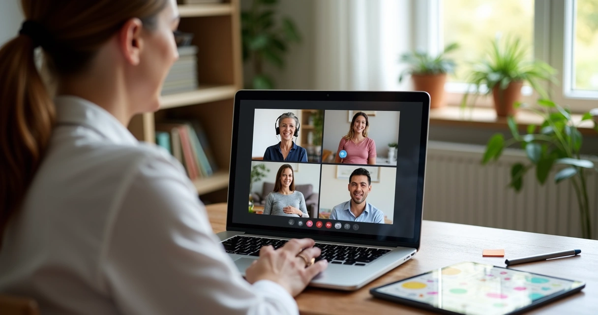 Nutricionista conduz consulta virtual com grupo de pacientes de risco na tela do laptop
