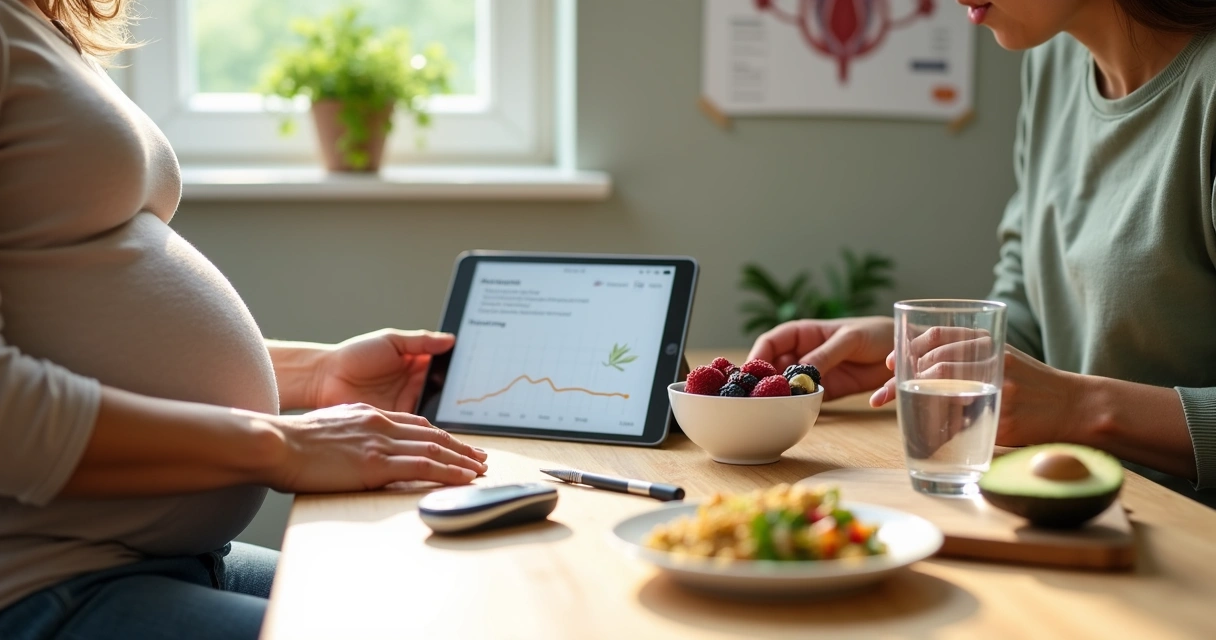 Gestante com diabetes em consulta nutricional medindo glicemia à mesa com alimentos saudáveis