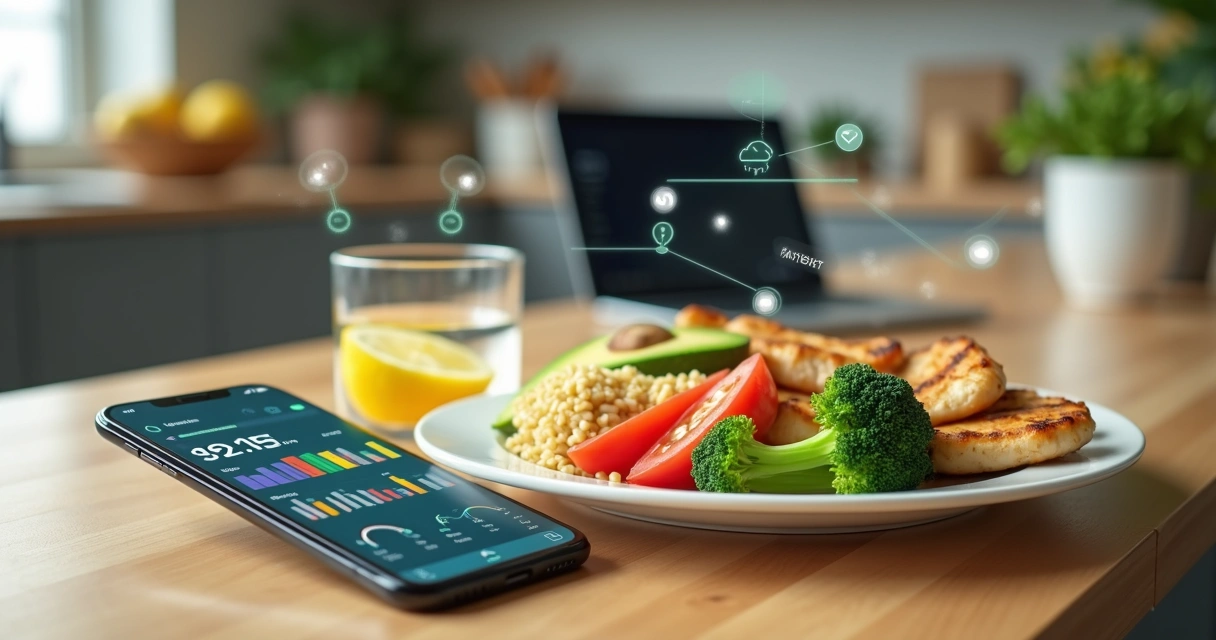 App de nutrição em smartphone mostrando monitoramento alimentar em tempo real ao lado de refeição saudável