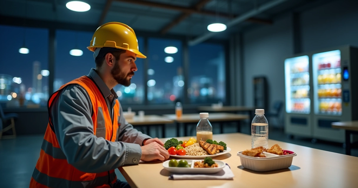 Trabalhador de turno noturno faz pausa para refeição saudável em refeitório industrial