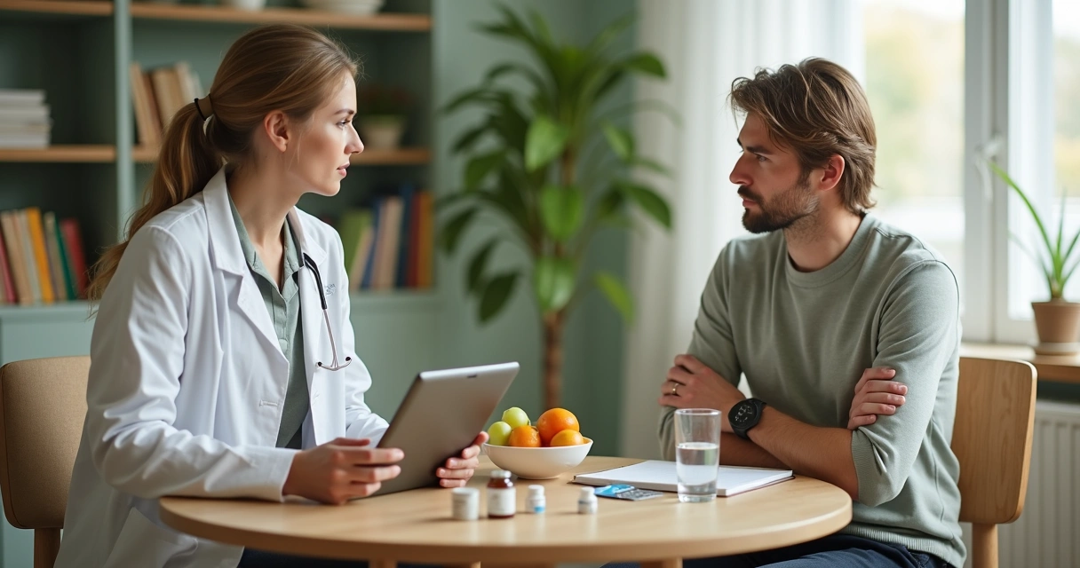 Nutricionista escuta paciente resistente à suplementação durante consulta calma