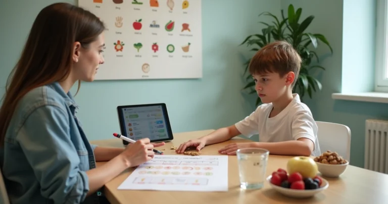 Nutricionista e adulto com TEA analisam plano alimentar visual em mesa organizada