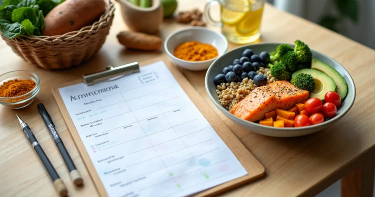 Mesa organizada com cardápio semanal para doenças autoimunes ao lado de refeição anti-inflamatória colorida
