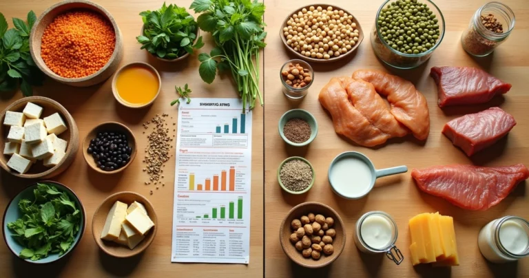 Mesa vista de cima com alimentos proteínas vegetais de um lado e proteínas animais do outro