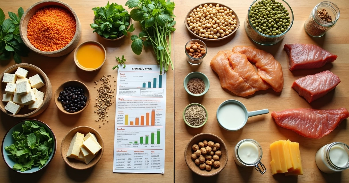 Mesa vista de cima com alimentos proteínas vegetais de um lado e proteínas animais do outro