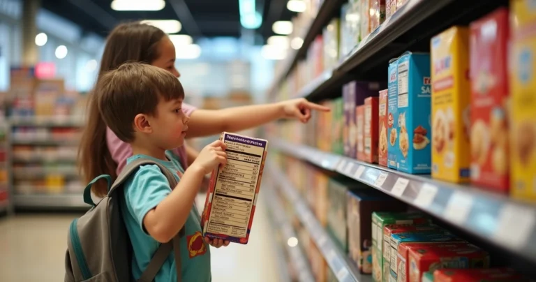 Criança apontando para rótulo de alimento em prateleira de supermercado