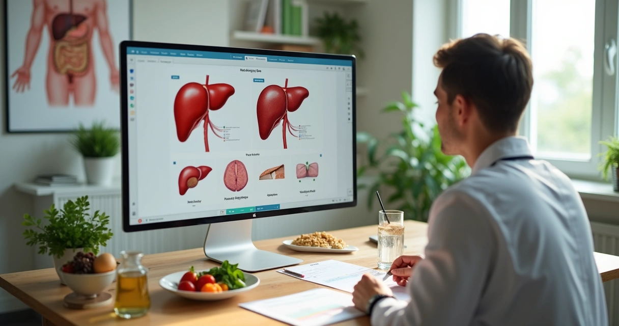 Nutricionista mostra ao paciente esquema do fígado saudável e alimentos em consulta.