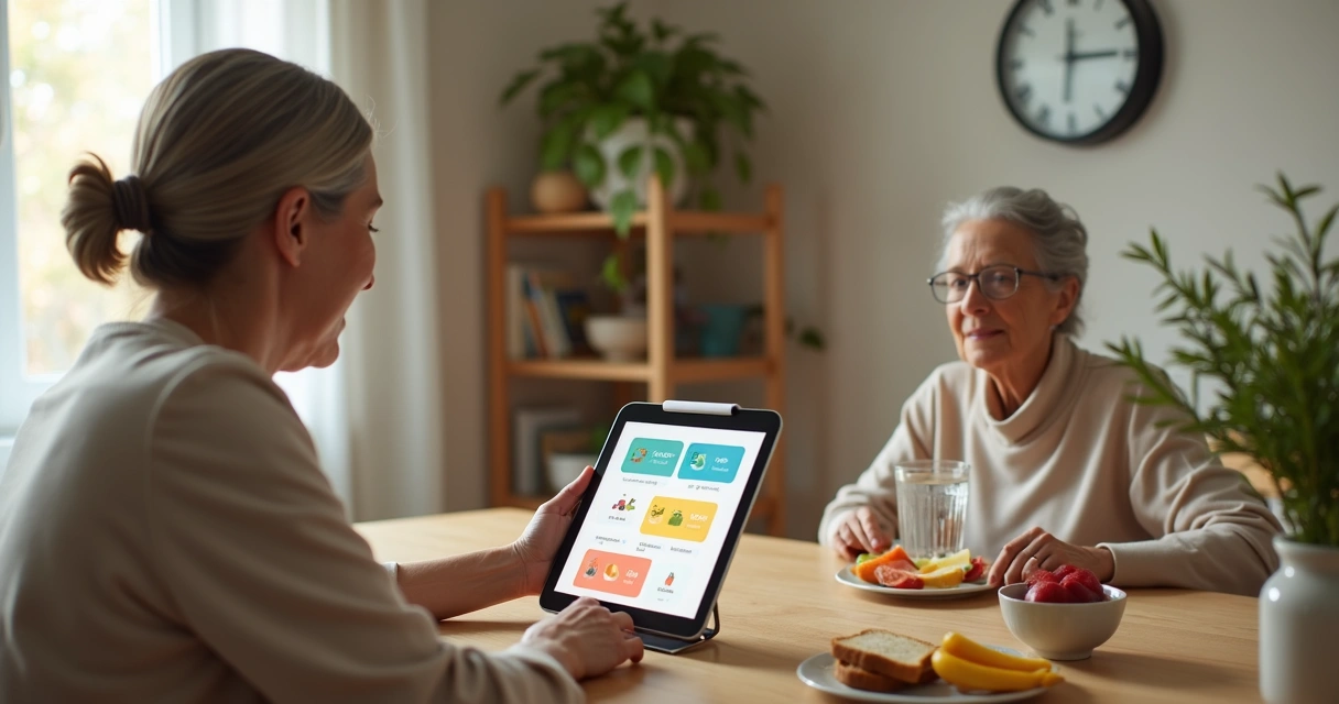 Idosa usando tablet para registrar refeições com apoio de nutricionista