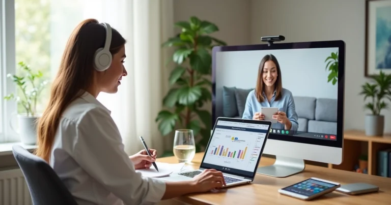 Nutricionista em consulta virtual de retorno com paciente em ambiente organizado.